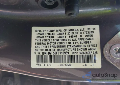 2015 Honda Civic Lx z USA, uszkodzony, nr VIN 19XFB2F52FE110969